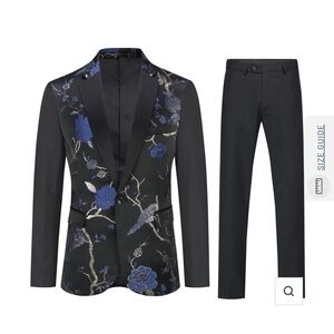 Men’s Embroidered Floral Suit XS New | Blue Black Blazer + Pants Set